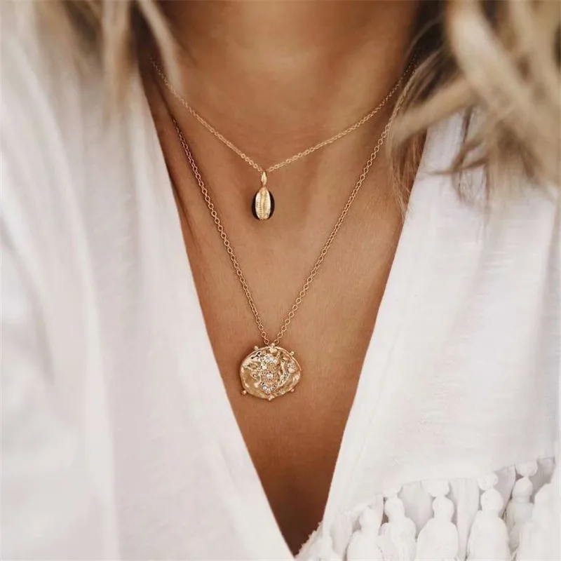 

Boho 2 Layered Gold Chain Shell Pendant Necklace Women Choker Long Chains Charm Necklaces Dainty Collares Fashion Jewelry