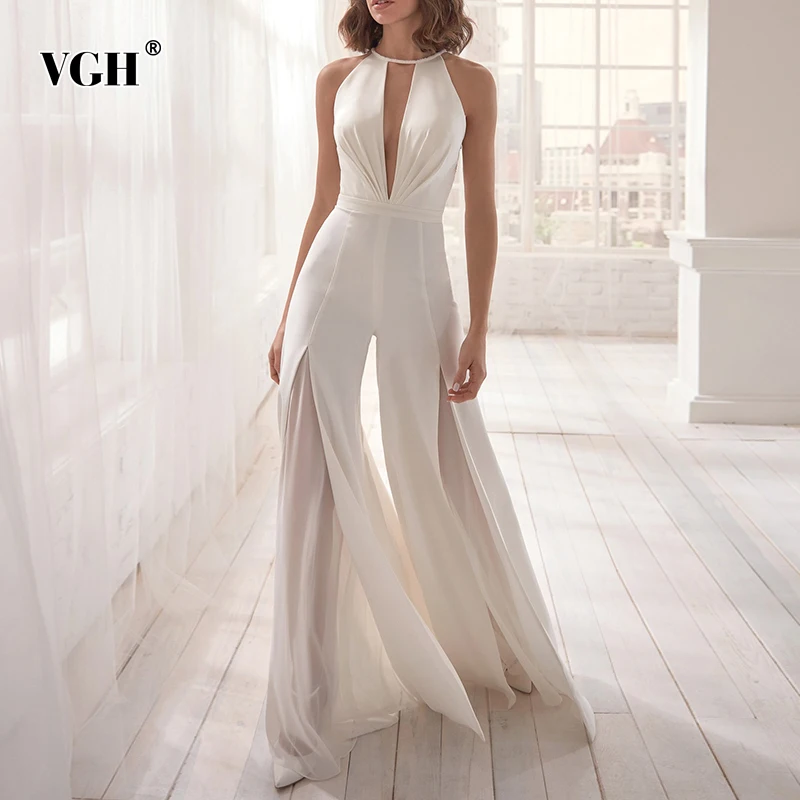 VGH Elegant Hollow Out Sexy Jumpsuit For Women O Neck Sleeveless High Waist Wide Leg Pants Jumpsuits 2020 Summer Fashion New