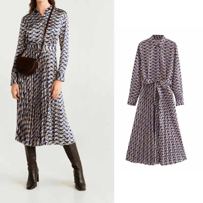 

za 2019 Women's casual pleated geometric print dress long sleeve dress chic vestido mujer