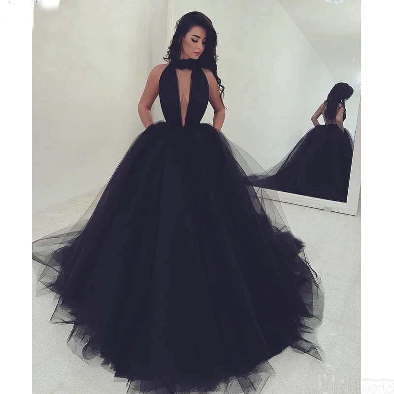 Sexy Black Evening Dresses 2019 Ball Gown Tulle Dubai Saudi Arabic Formal Evening Gown V-Neck Backless Long Party Prom Dress
