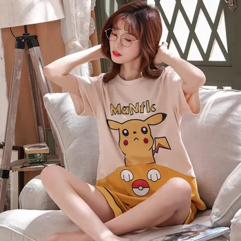 

BZEL 2020 Summer Women's Pajamas Shorts Pyjama Round Neck Short Sleeve Set Pikachu Cartoon Design Casual Large Size Nightwear