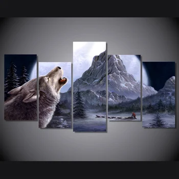 

5 Pieces The Wolf Howl Moon Mountain Painting Canvas Art Print Room Decor Print Poster Picture Canvas Painting