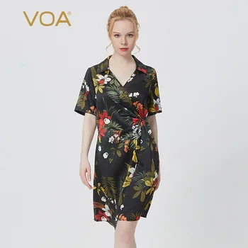 

VOA Plant Printed Satin 28mm Silk Lapel Short-Sleeved Tie-Waist Hugging Irregular Creative Dress AE65