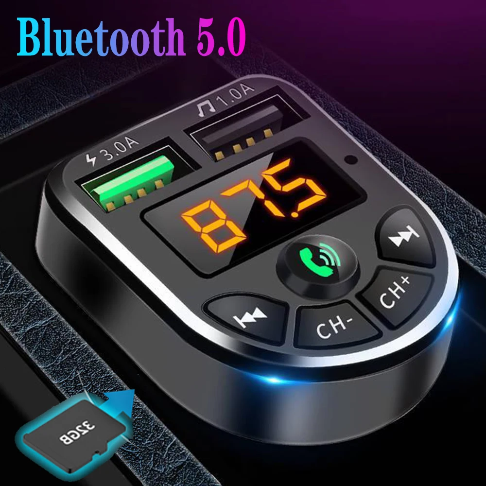 FM Transmitter Bluetooth 5.0 Car Kit LED Display Dual USB Car Charger 3