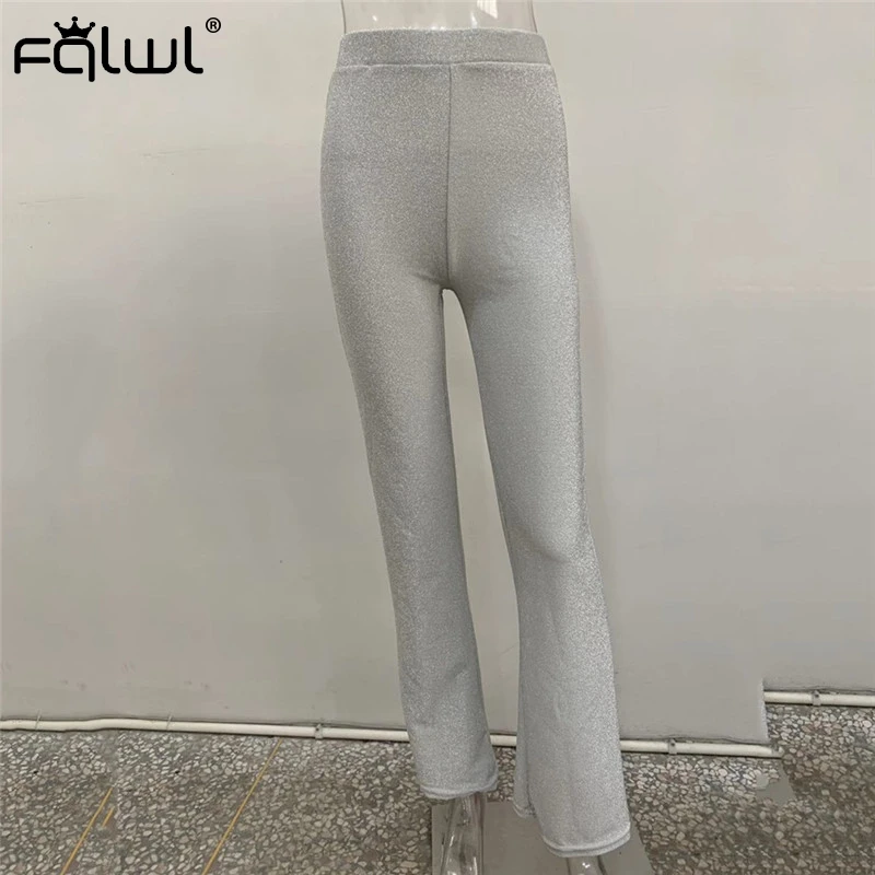 FQLWL Glitter Sexy Bodycon Pants Women Ladies Trousers Elastic High Waist Pants Female Autumn Flare Black White Skinny Pants - Цвет: Серебристый