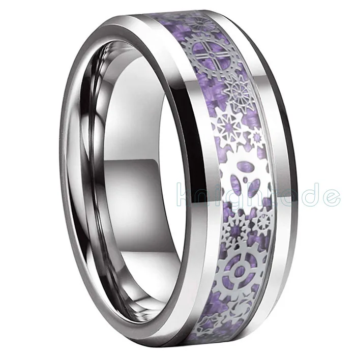 8 мм вольфрамовое обручальное кольцо для мужчин и женщин механическое зубчатое колесо фиолетовое углеродное волокно инкрустация Серебряные Скошенные края комфортная посадка - Цвет основного камня: Purple