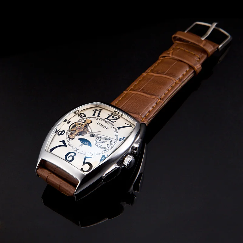 SEWOR Новая мода Tourbillon Досуг Спорт мужские s мальчик автоматические механические кожаные Наручные часы мужские симфония Стекло Зеркало Часы