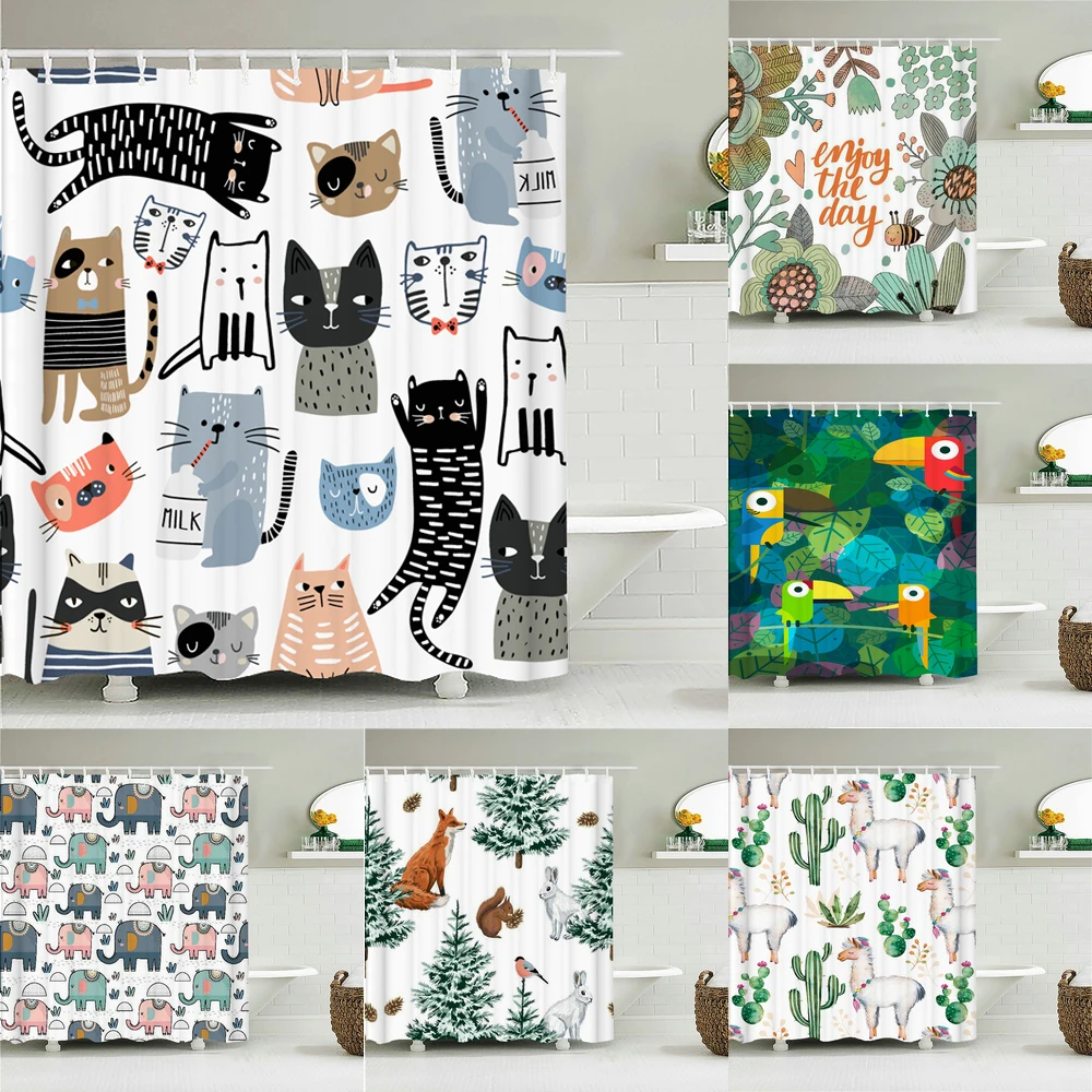 Funny Animal Bath Curtain Waterproof Fabric Shower Curtains Cat