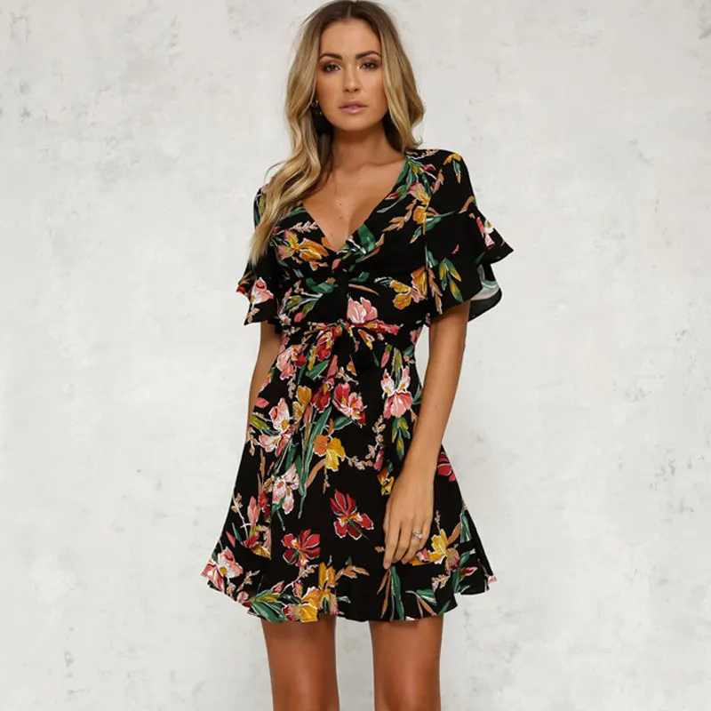 

Women Boho Short Mini Dress Summer Floral Printed V-Neck Bow Knot Beachwear Sundress Ladies Short Sleeve Ruffles Dress