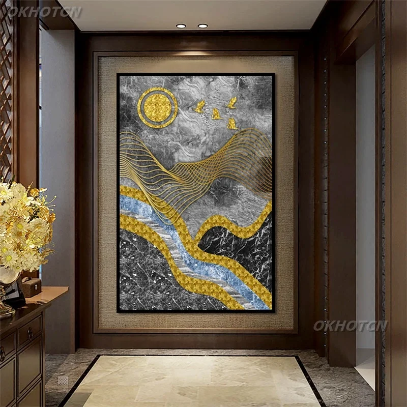 

Modern Chinese Style Wall Art Picture Living Room Aisle Home Decor Abstract Golden Line Landscape Canvas Painting Print Poster