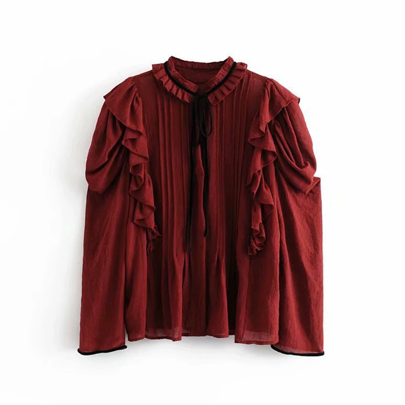 Wine Red Модная женская однотонная блузка с воротником-бабочкой, пышная Милая рубашка с длинным рукавом, Женская плиссированная уличная туника с оборками, Chemisier Femme - Цвет: Wine Red
