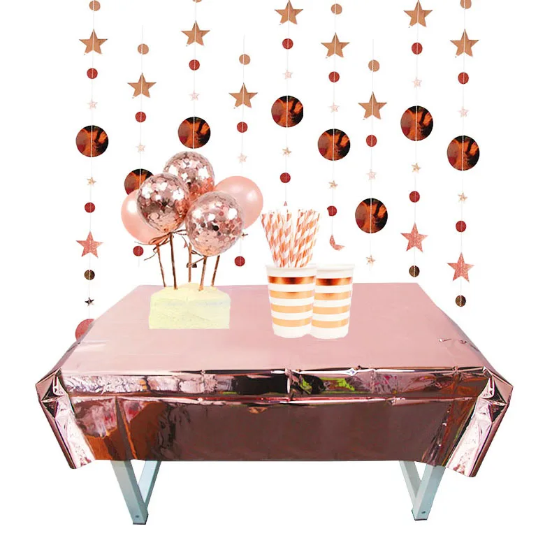 

Metallic Shiny Rose Gold Disposable Tablecloth Party Decoration Circle Star Hanging Garland Wedding Birthday Party Supplies
