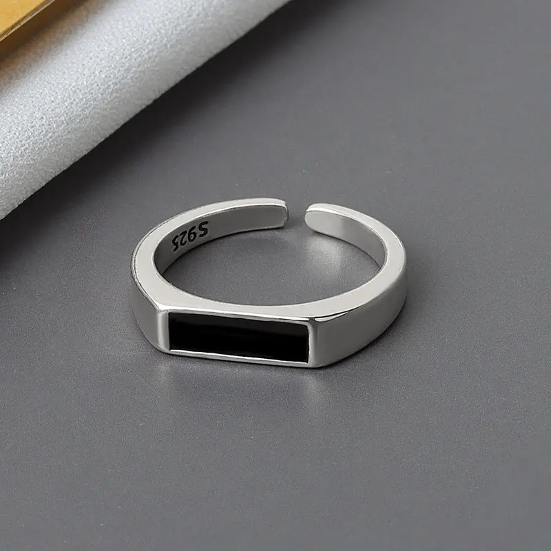 Silver Color Geometric Black Adjustable Ring Minimalist Fine Jewelry For Women Party Gift Trend silver ring adjustable rings finger ring