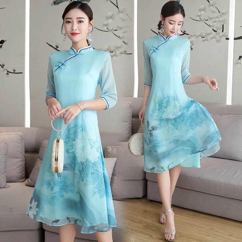 

2019 Real Silk Cheongsam Dress Summer New Style Retro Real Silk Big Hemline Mid-length Literature And Art Chinese Style Female D