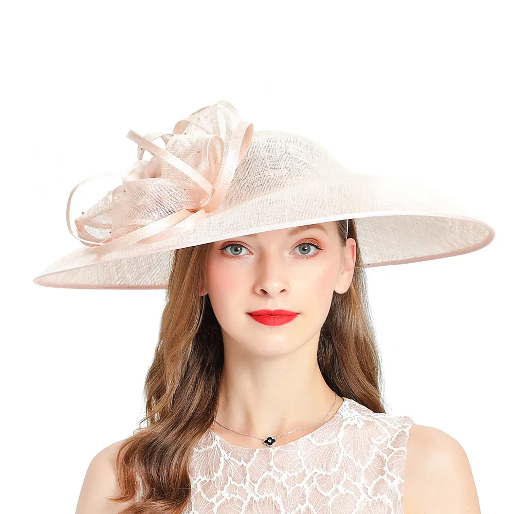 Fedoras Шляпы для свадьбы женская шляпа женские шляпы для элегантных церковных шляп Sinamay чародей розовая льняная Кепка модная кепка с широкими полями s