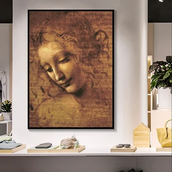 

Famous Painting Head of A Woman - By Leonardo Da Vinci Canvas Painting Posters and Prints Wall Art Picture for Living Room Home