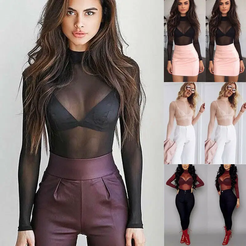 Женский прозрачный сетчатый топ с длинным рукавом и высоким воротом | Женская