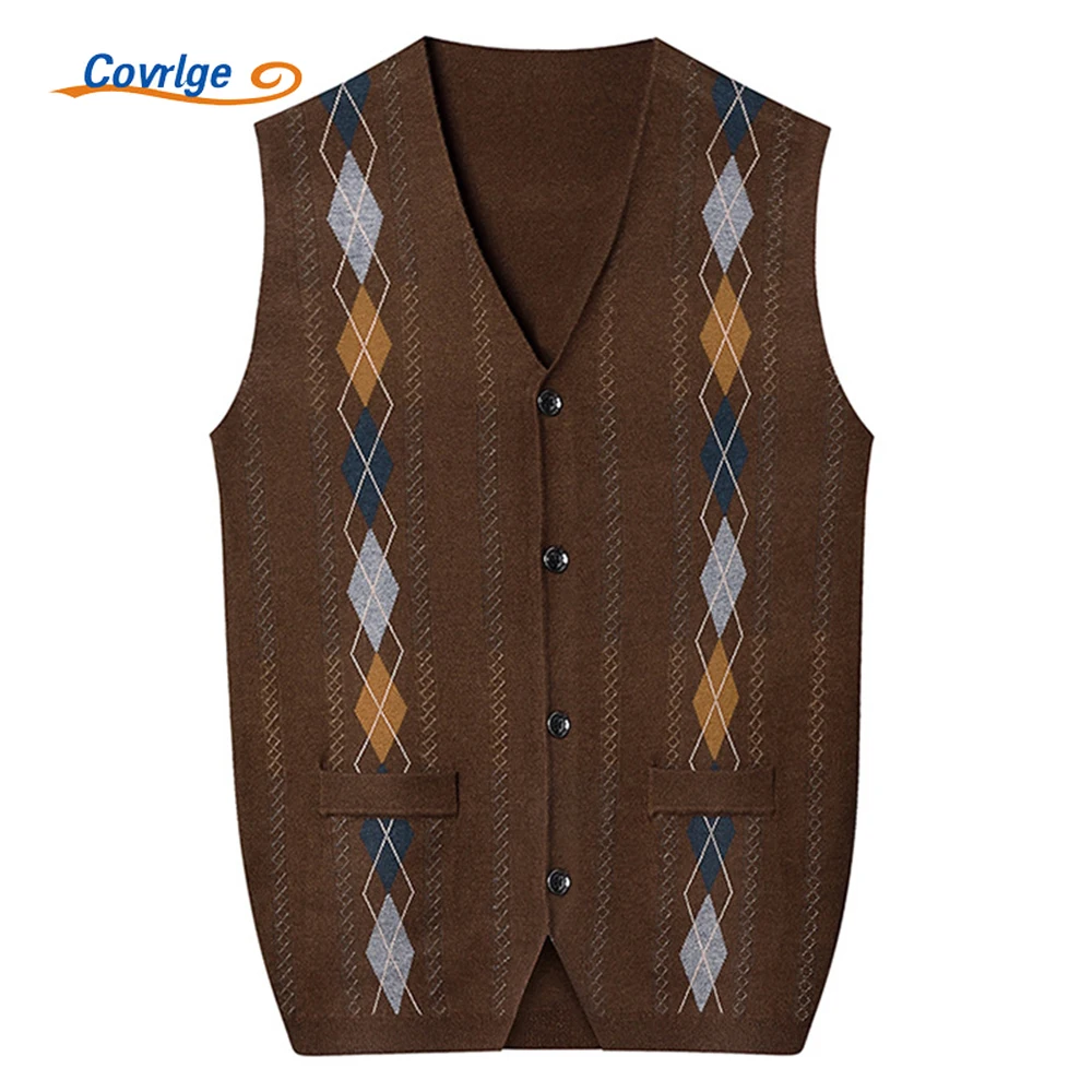 

Covrlge Men's Single-breasted Gold Velvet Knitted Vest Autumn Winter Jacquard Cardigan Coat Thickened Anti-pilling Vest MWB034