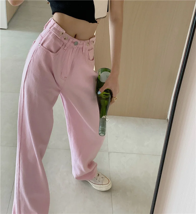 Женские джинсы с регулируемой пряжкой и широкими штанинами большие размеры |