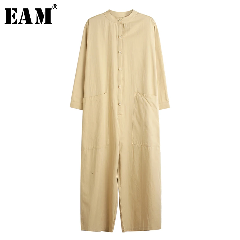 [EAM] Loose Fit Women Long Wide Leg Black Jumpsuit New High Waist Pocket Stitch Pants Fashion Tide Spring Autumn 2020 1S518