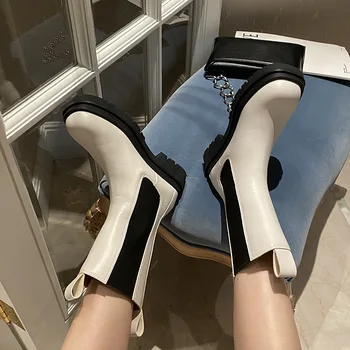 

head simple leather boots women's thick heel Korean version of square thick sole 2020 new short boots medium