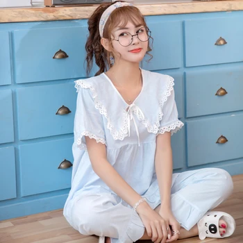 

Women's pajamas suit doll collar cotton spring and summer sleepwear Korean lace sweet home service noble suit пижама new 2020