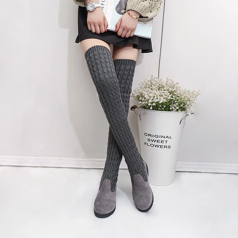 

Slim Leg wool thigh high botines new designer long socks boots women stretch over knee martin botte winter knitting wedges botas