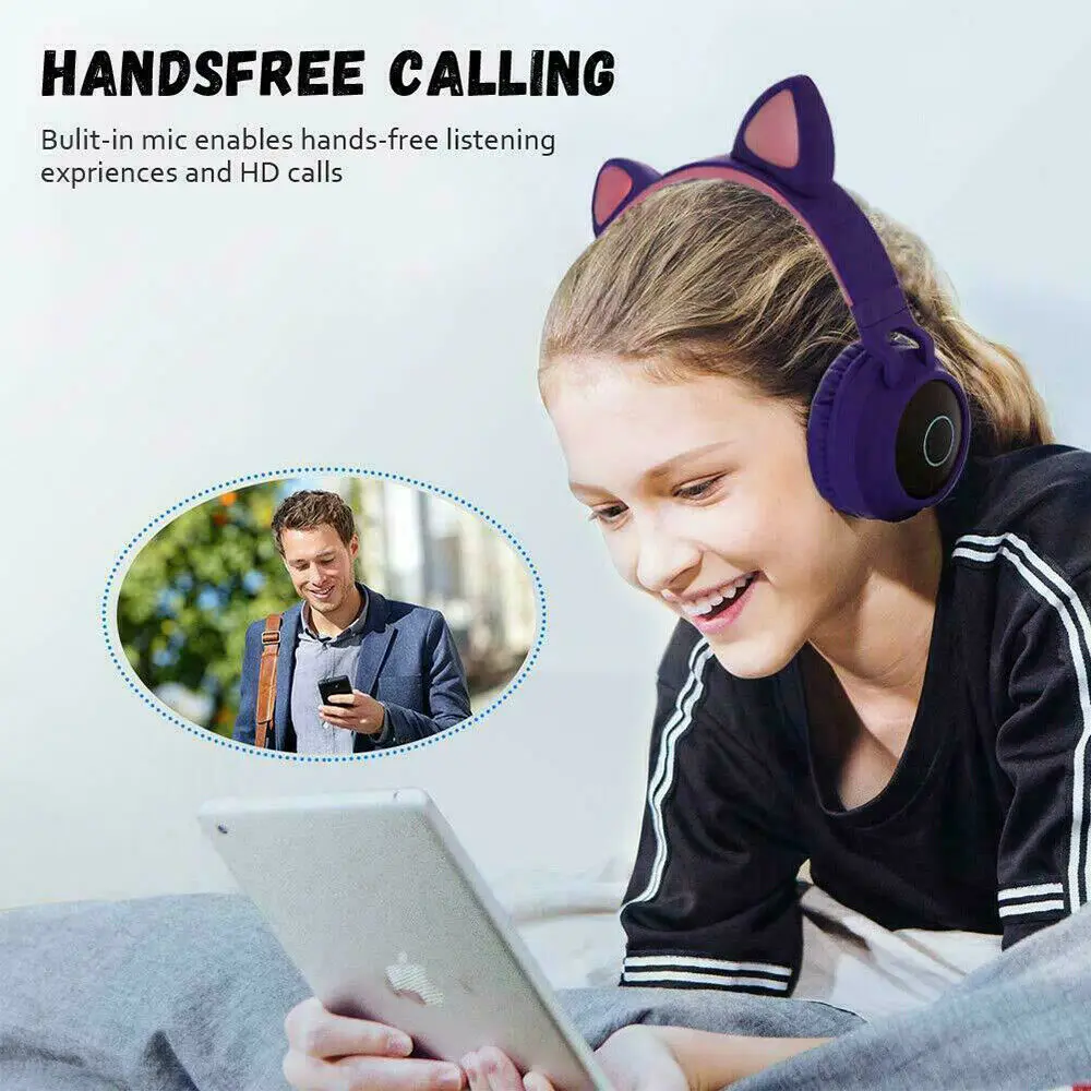 Wireless Cat Ear Noise Cancelling Headphones LED Bluetooth Flashing Glowing Headset Gaming Tablet Earphone for Kids Adults 3 5mm