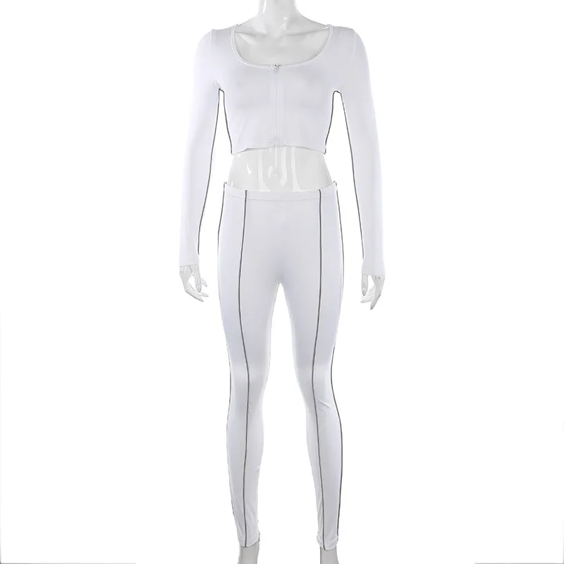 BOOFEENAA светоотражающий Полосатый Белый спортивный сексуальный комплект из двух предметов, укороченный Топ с длинным рукавом и штаны, спортивный костюм, женский спортивный костюм, C67-AG82