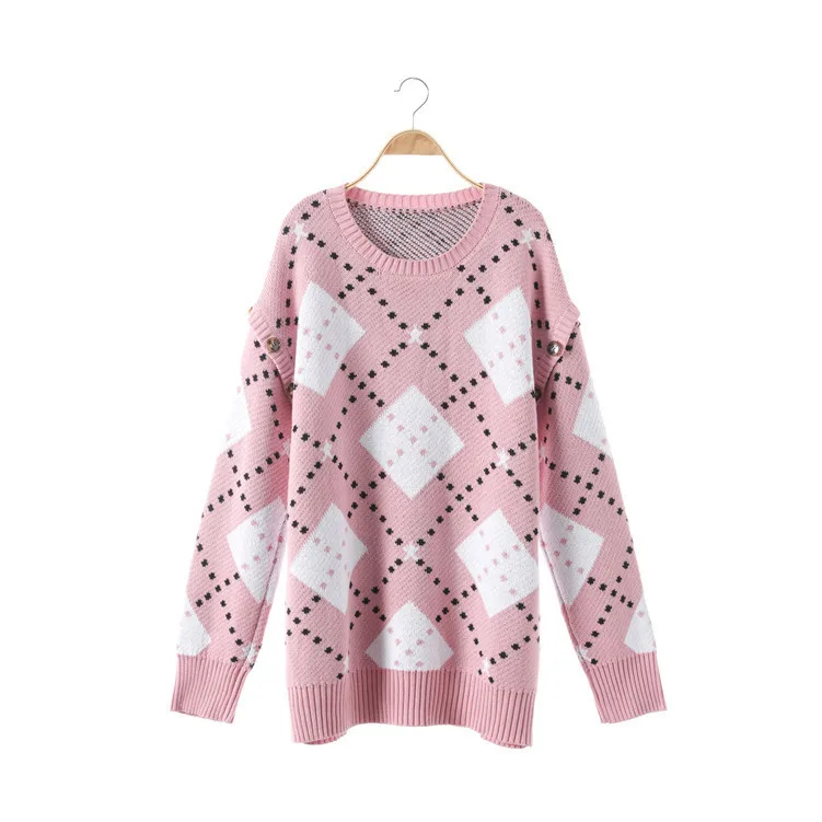 VOGUEJIANBO2019 свободный круглый вырез свитер со съемными рукавами розовый клетчатый красивый модный женский свитер пуловер свитер - Цвет: Checked sweater