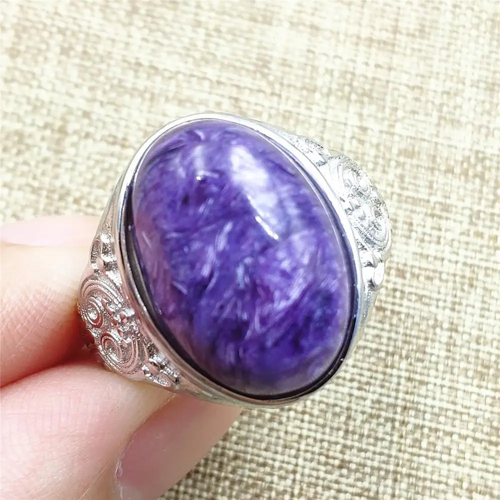 Genuine Natural Purple Charoite Crystal Women Men Adjustable Ring Silver 17x12mm Beads Lucky Love Gift Fashion Jewelry AAAAA