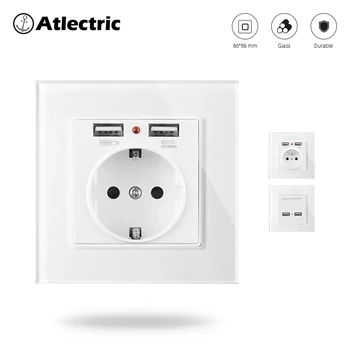 

Atlectric EU FR Standard With Dual USB Charging Port 2.1A Power Wall Socket Glass Panel Power Adapter For Mobile Outlet Plug