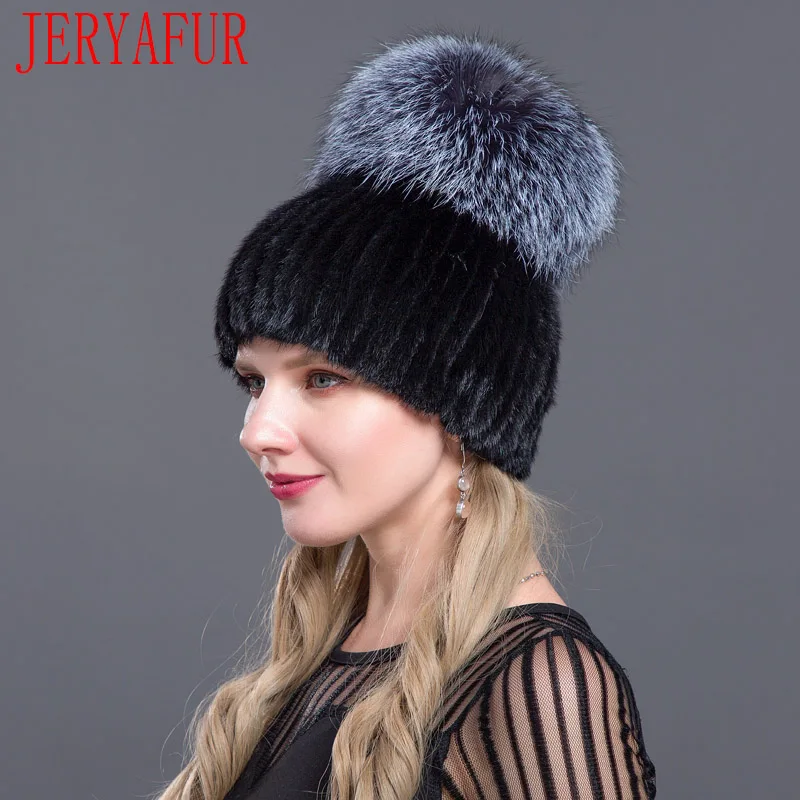 JINBAOSEN русская Лыжная хижина nerz pelzmutze nerz fuchs kombiniert mit pelz mode hut gestrickte wolle набор зимний damen FUCHS