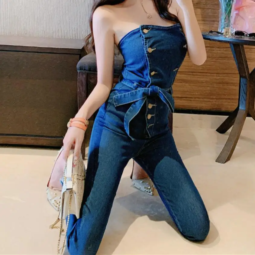 Женский джинсовый комбинезон с открытыми плечами|Джинсовые комбинезоны| |