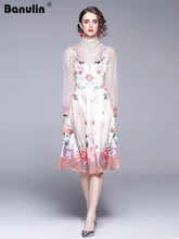 

Banulin Fashion Designer Runway Dress Spring Women's Dress Splicing Mesh Long Sleeve Floral Printed Vintage Party Midi Dress