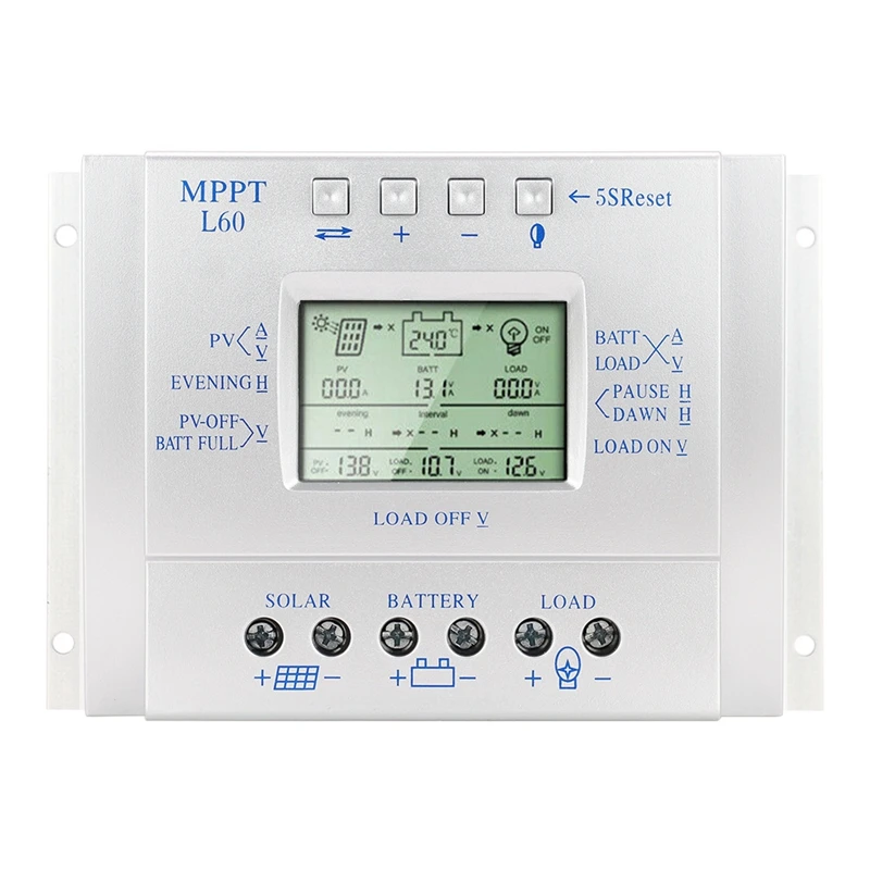 

60A Solar Charge Controller LCD Display Solar Regulator 12V 24V with Light and Timer Control Easy Settable for MPPT