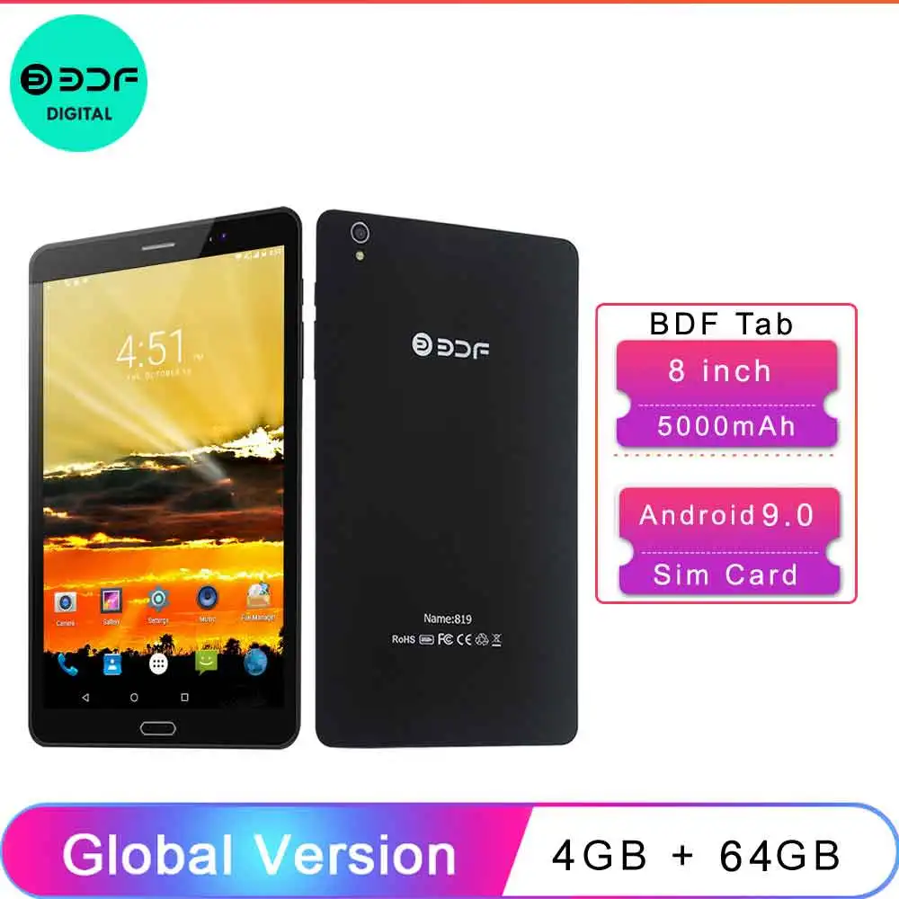 BDF 8 Inch 4GB RAM +64GB ROM Tablet Pc 3G 4G LTE Sim Card Android 9.0 Tablets Pc Mobile Phone Call Network Octa Core Pad Pc