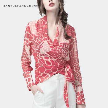 

Ladies Blouses Irregular Plaid Print Chiffon Top Coral Red Long Sleeve V-Neck With Belt Tie Up Elegant Slim Female Autumn Shirts
