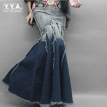 

2020 Sexy Ladies Embroidery Charming Denim Multi layers Pleated Maxi Long Skirts Womens Bodycon Swing Fishtail Skirts