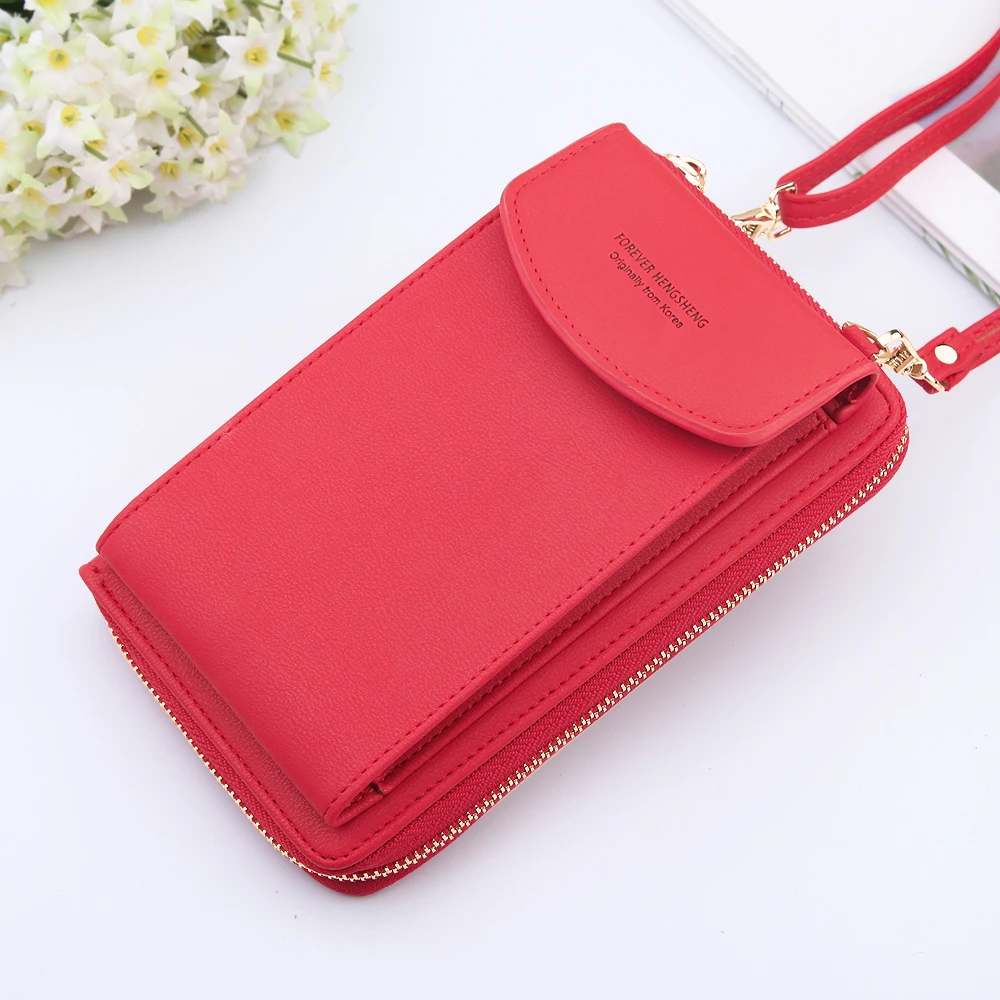 Billetera Color sólido de cuero para mujer, bolso de hombro, para teléfono móvil, billetera de cuero