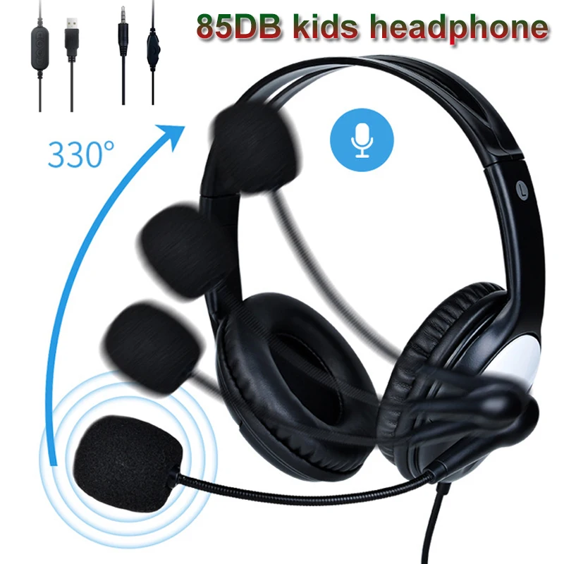 Kids Wired Headphone USB 3 5mm Interface Music Headset with Rotatable Microphone for Smart Phone PC Gaming Earphone