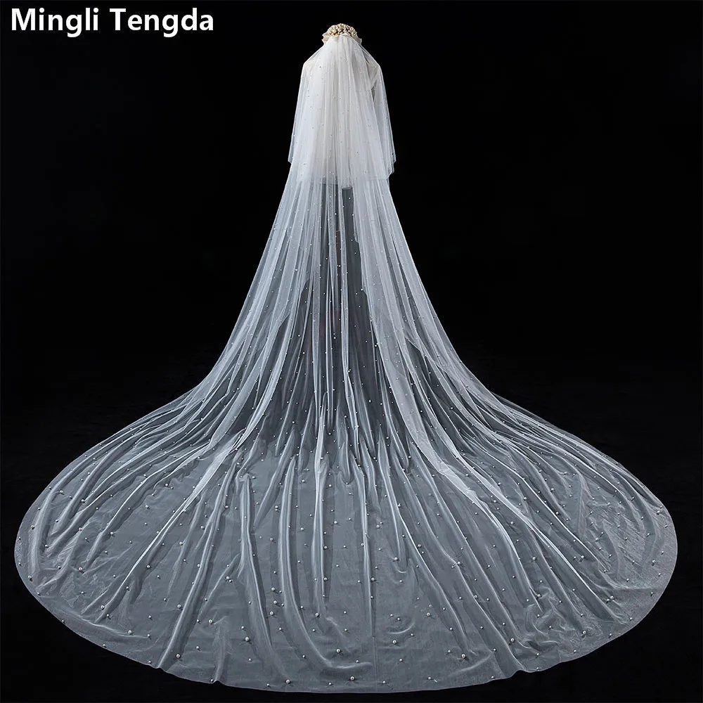 

Mingli Tengda Pearl Rivet Cuckle Bridal Veil Covering Veil 3 M Long Wedding Veil Elegant Lady 2 Layers Cathedral Veil Meatl Comb