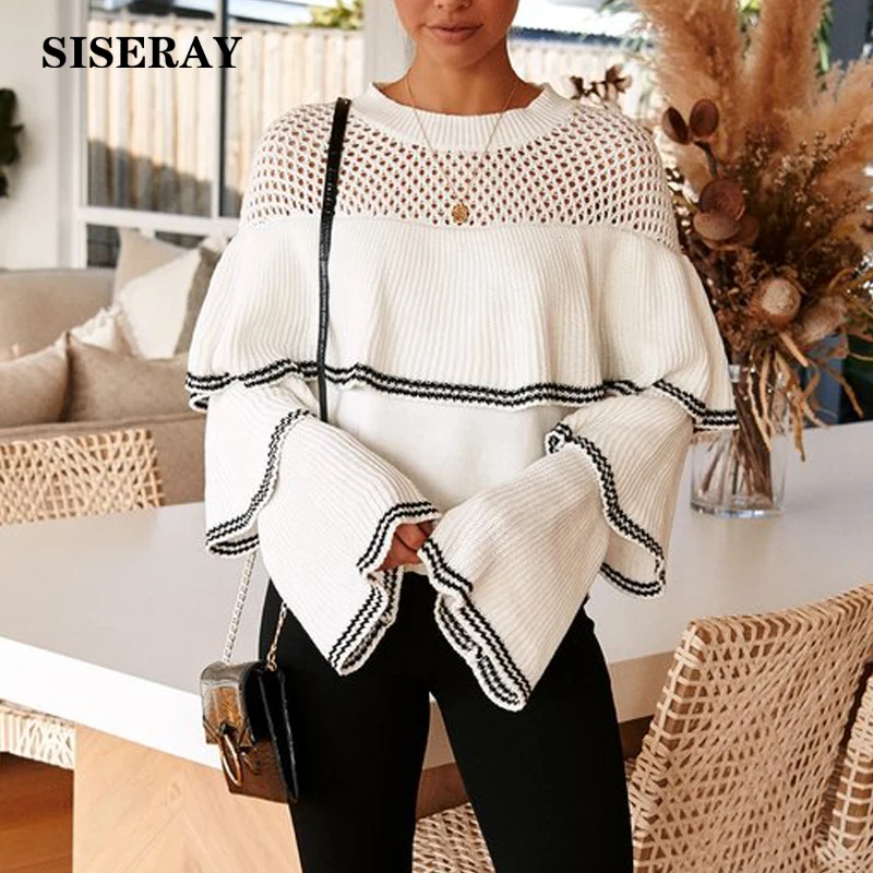 

New 2019 Hollow Crew Neck Ruffle Knit Jumper Sweater Women Autumn Flare Sleeve Ladies Pullover Fashion Streetwear Pullover Femme