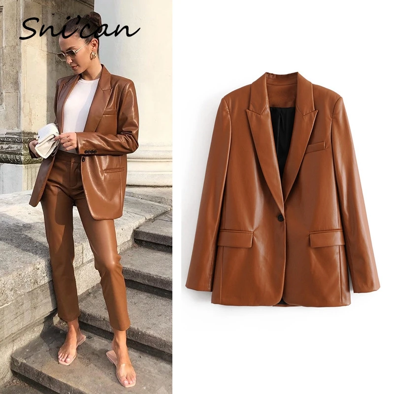 

Snican solid formal uniform office ladies pu faux leater jacket coat chic vintage autumn winter blazer femenino za manteau femme