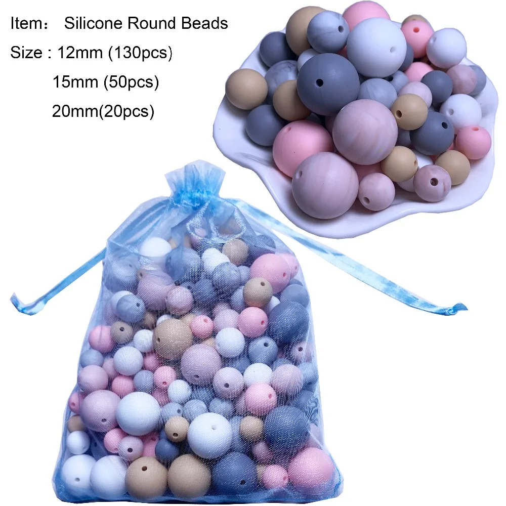 

Free shipping DIY 200PCS Silicone Beads 12MM/15MM/20MM Candy Color Set Necklace BPA Free Silicon Baby Shower Gift Silicone Beads