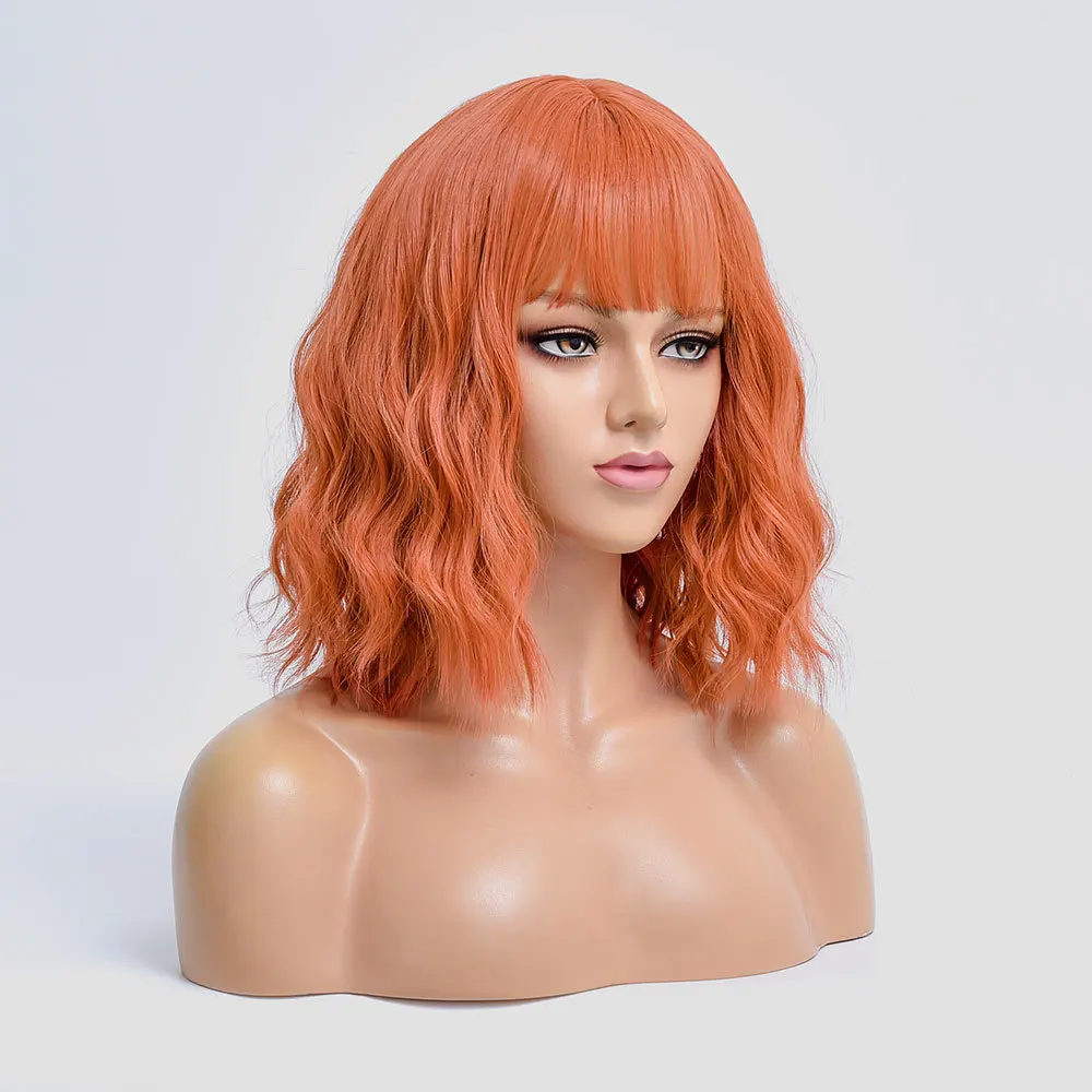 Short Orange Wave Colored Hair Cosplay Synthetic Wig With Bangs Daily