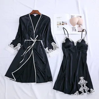 

FZSLCYIYI Women Robe & Gown Sets Sexy Lace Sleep Lounge Pijama Half Sleeve Ladies Nightwear Bathrobe Night Dress With Chest Pads