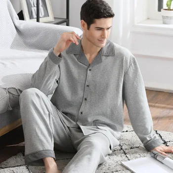 

Spring Autumn Plus Fat Size Pajamas Set for Men Thin 100%Cotton Long Sleeves Home Clothes Male Sleepwear Casual Cozy Night Wear