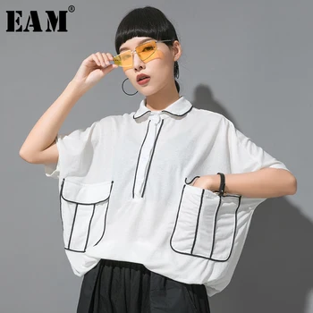 

[EAM] Women Line Pocket Big Size Blouse New Lapel Half Batwing Sleeve Loose Fit Shirt Fashion Tide Spring Summer 2020 1U142