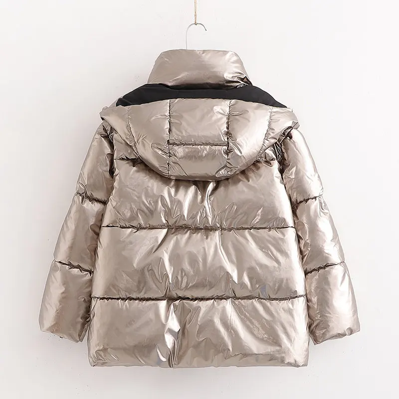 Зимнее пальто, пуховик, Женская Светоотражающая парка, Женская Золотая куртка, зимняя теплая Женская куртка на молнии с капюшоном в Корейском стиле